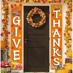 GIVE THANKS Hanging Banner Autumn Pumpkin Maple Leaf Fall Harvest  72"x12"